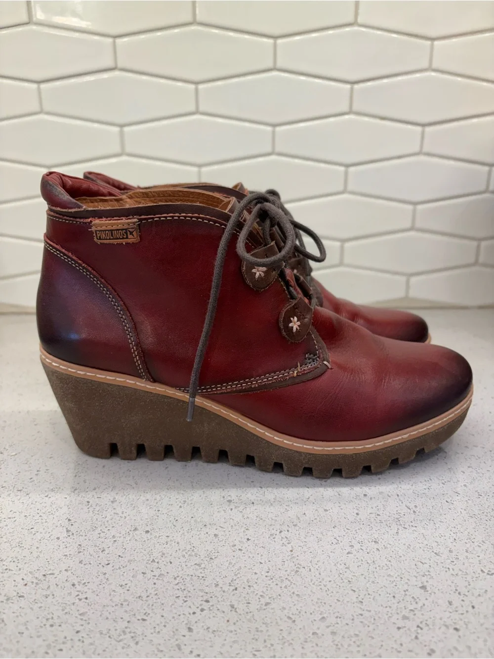 PIKOLINOS Burgundy Leather Wedge Ankle Boots